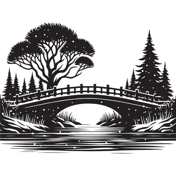 Büyüleyici siyah beyaz köprü manzara vektör çizimi tasarımı