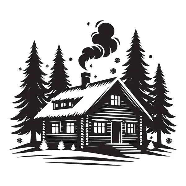 Kış Ormanı Peyzaj Vektörü Tasarımında Kar Kabini Silueti