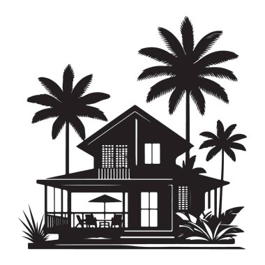 Siluette Palmiye Ağaçlarıyla Tropikal Ev Resimleri