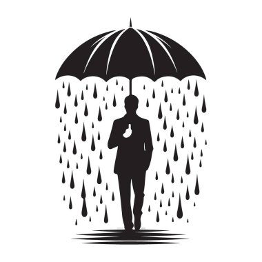 Yağmur vektöründe yürüyen şemsiyeli bir adam.