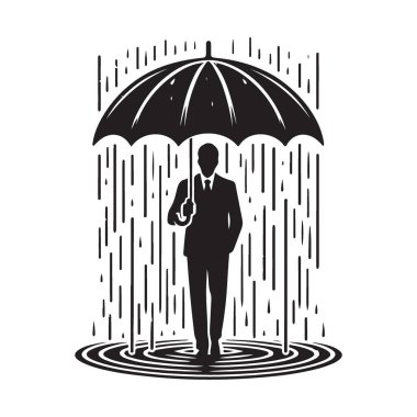 Siluet Adam Şemsiye İllüstrasyonu Tarafından Şiddetli Yağmurdan Korundu