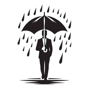 Siluet Adam Şemsiye Vektörüyle Yağmurda Güvenle Yürüyor