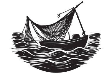 Balıkçı Teknesi Silueti Okyanus Dalgaları Stok Resmini İndirme