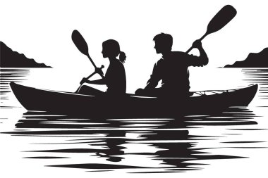 Açık Göl Macera Vektörü 'nde Kayak yapan Çiftin Silueti