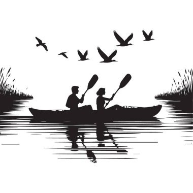 Uçan Kuşlarla Kayak yapan Çift Silueti Göl Sahne Vektörü