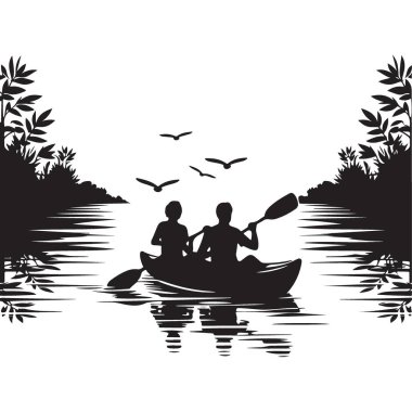 Nehir Vektörü Sanatında Siluet Çifti Kano Macerası