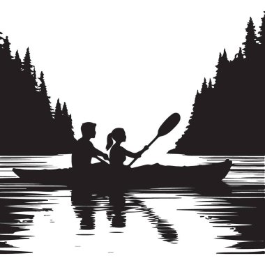 Orman Vektörü Resminde Siluet Çifti Kano Macerası