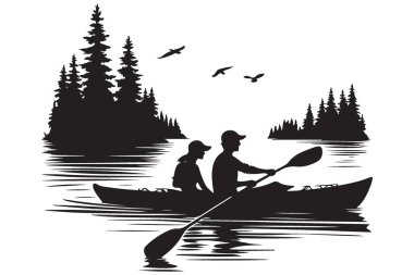 Orman silueti tasarımlı bir çift göl manzaralı kayak yapıyor.