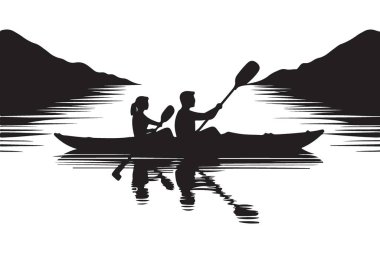 Dağ gölü vektör çiziminde çift kano silueti