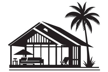 Plaj Kulübesi Siluet Vektör İllüstrasyonu Palmiye Ağacı