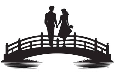 Köprüdeki Çift Silueti Romantik An Vektörü İllüstrasyonu