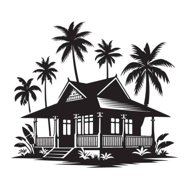 Palm Trees Sahnesi ile Tropikal Ev Silueti Vektör İllüstrasyonu