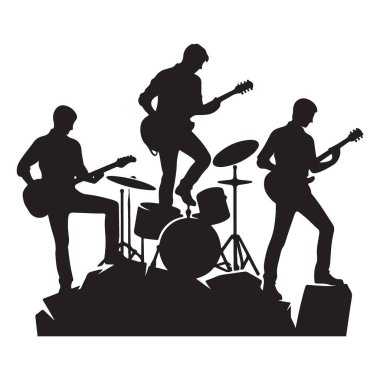 Rock Band Siluet Vektör İllüstrasyon Gitar Davulları Sahnesi