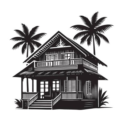 Palm Trees Vektör Tasarımı ile Tropical House Silhouette Illustration