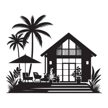Tropik Plaj Evi Silueti Palmiye Ağaçları ve Mobilyaları