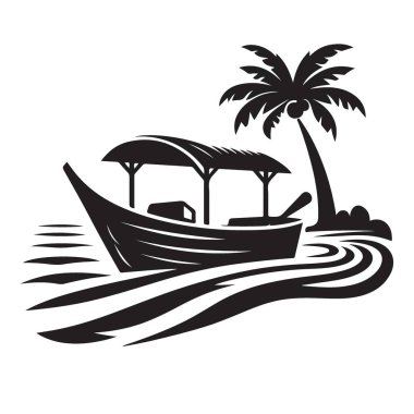 Sudaki Tropikal Tekne Palmiye Ağaçlı Siluet Vektörü