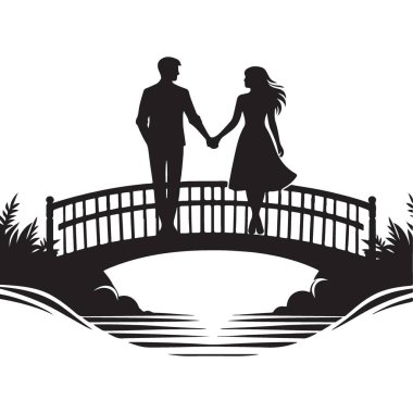 Köprü Vektörü İllüstrasyon Tasarımı Üzerine Romantik Çift Silueti