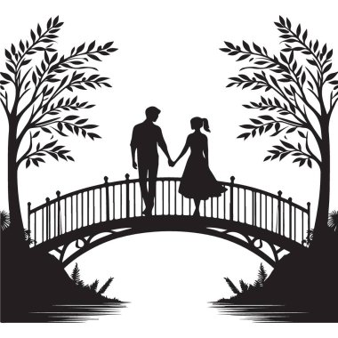 Romantik Çift Silueti Ağaçların Altında Köprüde Yürüyor