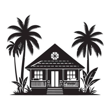 Palm Trees Vektör İllüstrasyonlu Tropik Plaj Evi Kaçamağı