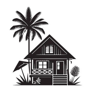Palmiye ağacı manzaralı Tropikal Kulübe Vektör Resimleri