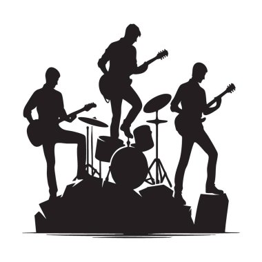 Rock Orkestrası Siluet Çizimi Sahne Kayası Konseri 'nde Canlı Sahne