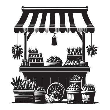 Vintage Farket Stall Market Siluet Vektör Illustration Fresh Produce