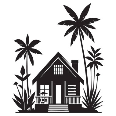 Palm Trees Siluet Vektör İllüzyon Tasarımı ile Sahil Evi