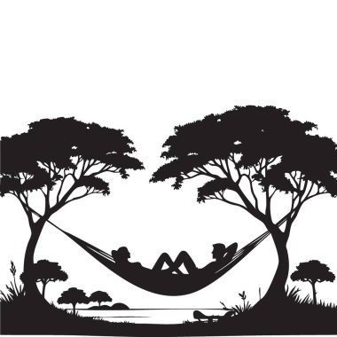 Ağaç Vektörü Grafiği Arasındaki Hamak Siluetinde Rahatlatıcı Çift
