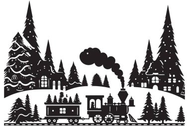 Noel Ağaçlı Şenlikli Kış Treni Silüet Vektör Görüntüsü