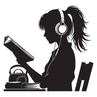 Kulaklıklı Kız Silueti ve İçecek Vektörü İllüstrasyonu