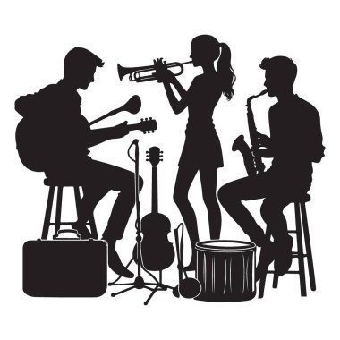 Jazz Band Siluet Müzisyenleri Enstrüman Çalıyor Vektör Sanat İllüstrasyonu