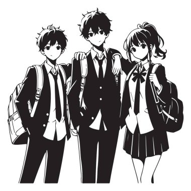 Anime Okulu Öğrencileri Siluet Çizimi Genç Vektör Sanatı