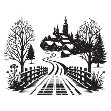 Huzurlu Kış Köyü Silueti Karlı Yol ve Konforlu Evler