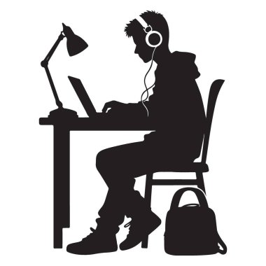 Siluet Vektör Sanat Öğrencisi Laptop Kulaklıkla Öğreniyor