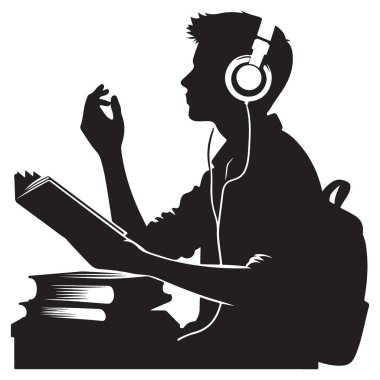 Öğrenci Silueti Kulaklıkla Kitap Okuyor İllüstrasyon Çalışıyor