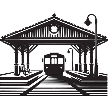 Tren İstasyonu Silueti ve Gelen Tren Çizim Sanatı