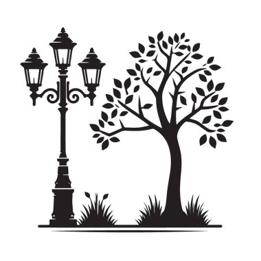 Park Sahnesinde Lamba Posta ve Ağacının Vektör Silueti