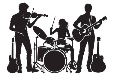 Siluet Müzisyenleri Enstrüman Çalıyor Grup Vektörü İllüstrasyonu