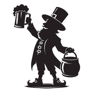 Leprechaun Siluet Vektör İllüstrasyonu Bira ve Tencere