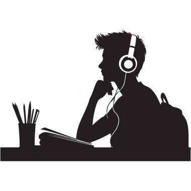 Siluet Öğrencisi Çalışırken Müzik Vektörü Sanatı Dinliyor