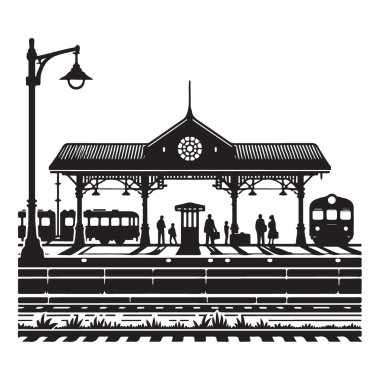 Klasik Tren İstasyonu Siluet Vektör Sanat Resimleri Platformu Sahnesi