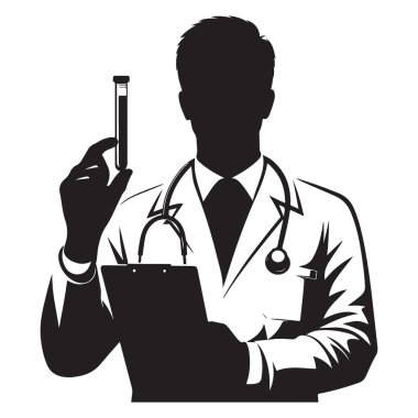 Deneyimli doktor elinde test tüpü ve pano tıbbi çizim silueti tutuyor.