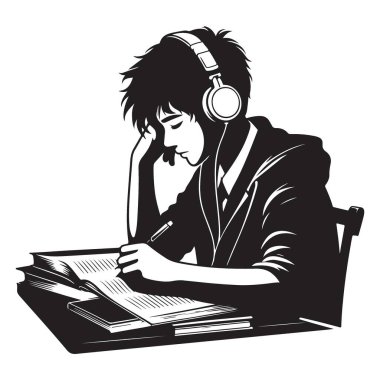 Kulaklıkla çalışan odaklanmış öğrencinin silüeti.