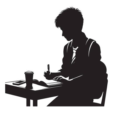 Öğrenci silüeti çizimi kitap ve akıllı telefonla çalışıyor