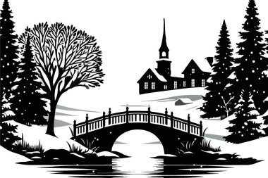 Kış manzarası çizimi. Kar manzaralı sakin köprü.