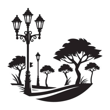 Ağaçlar ve Sokak Işıkları ile Park Siluet Vektör İllüstrasyonu