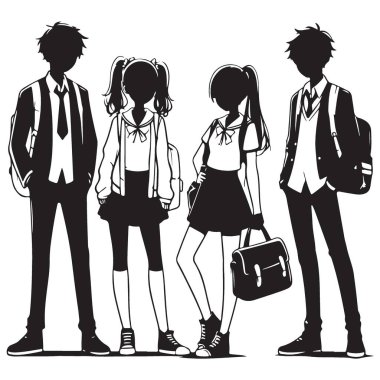 Üniformalı Asyalı lise öğrencilerinin silueti Vektör İllüstrasyonu