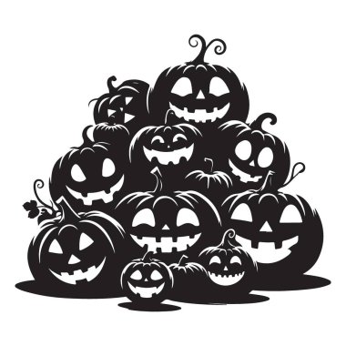 Cadılar Bayramı 'nın korkunç balkabağı balkabağı yığını. Fenerler. Vektör illüstrasyonu.