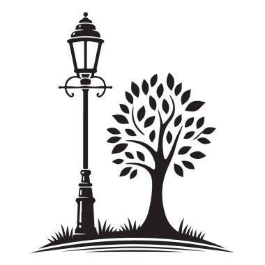 Klasik Siluet Sokak Lambası Ağaç Vektörü İllüstrasyon Tasarımı