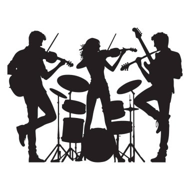 Keman, Gitar ve Davul Çalan Müzisyenlerin Silueti